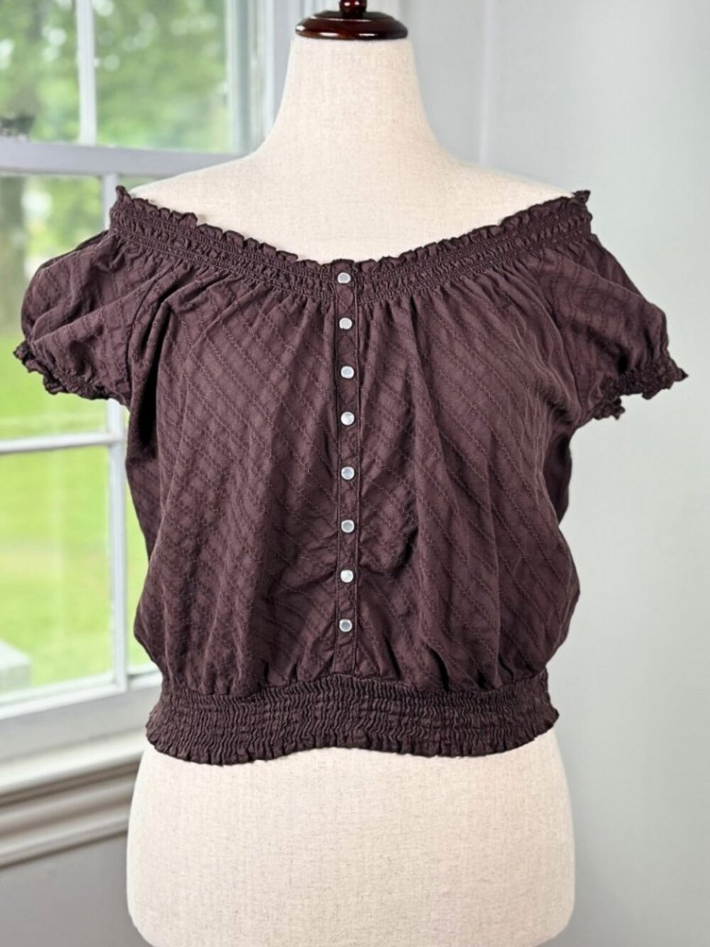 Y2K Chocolate Brown Off the Shoulder Milkmaid Top Juniors XXL Cinched Peasant